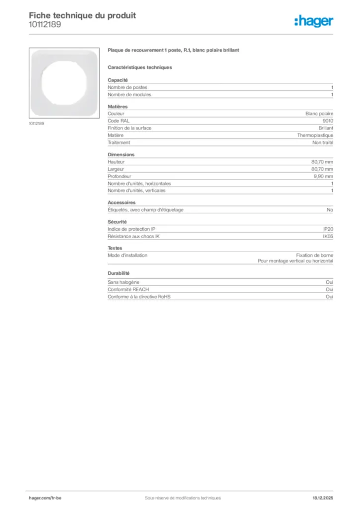 Image Hager Fiche technique du produit 10112189 | Hager Belgique