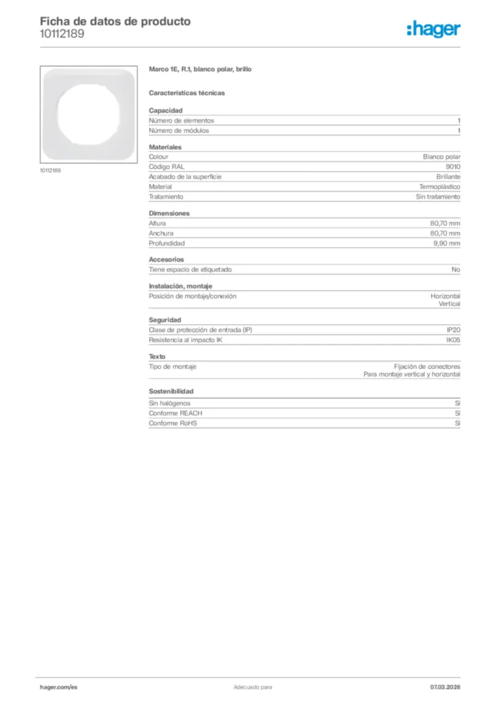 Imagen Hager Ficha de datos de producto 10112189 | Hager España