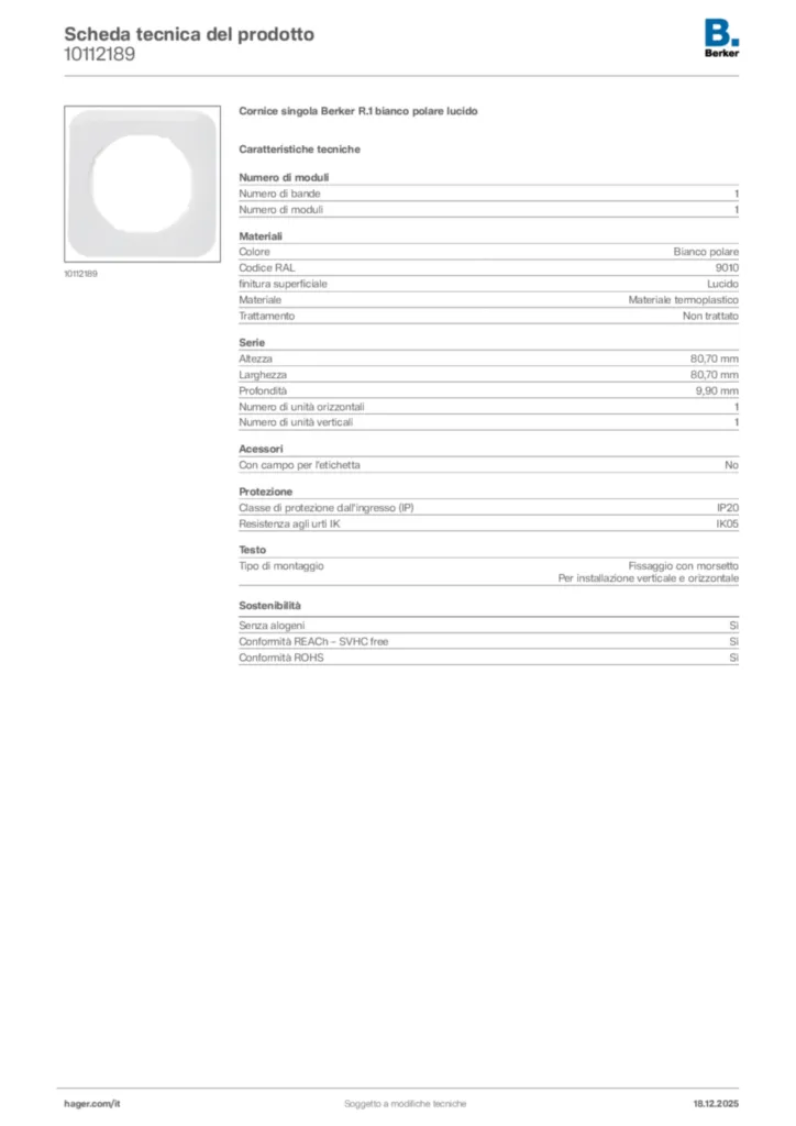Immagine Berker Scheda tecnica del prodotto 10112189 | Hager Italia