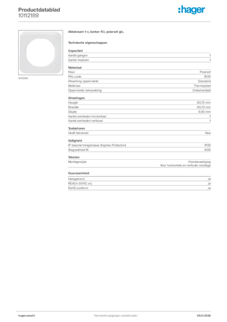 Afbeelding Hager Productdatablad 10112189 | Hager Nederland