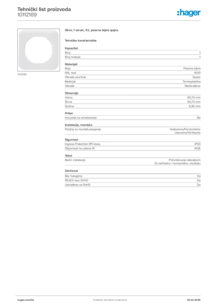 Slika Hager Tehnički list proizvoda 10112189  | Hager