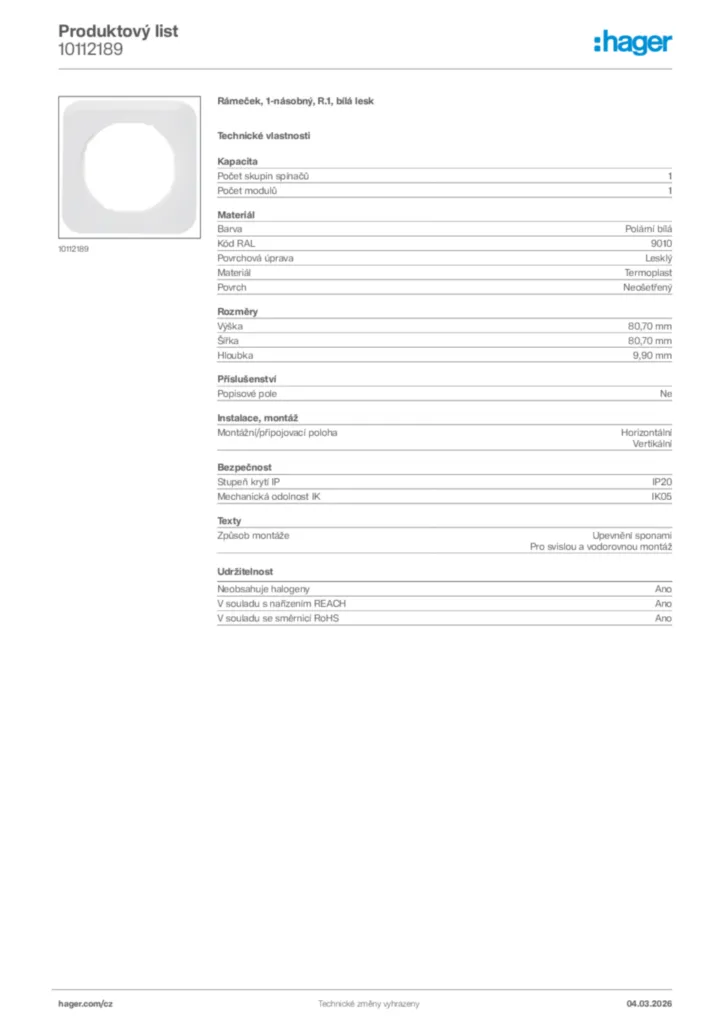 Obrázek Hager Product data sheet 10112189 | Hager