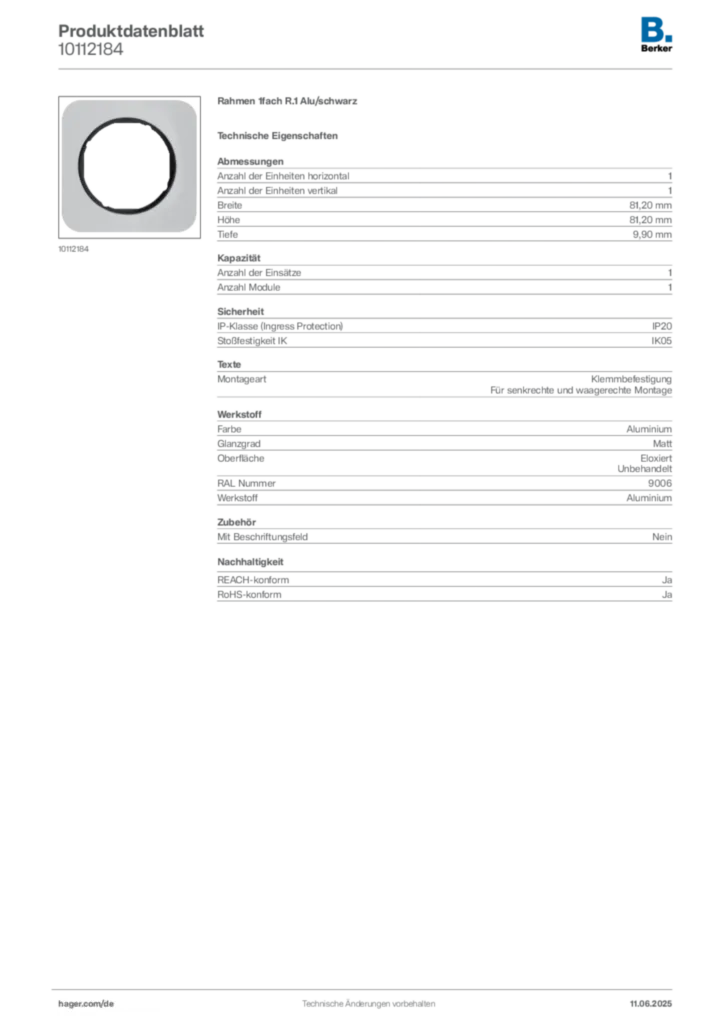 Bild Berker Produktdatenblatt 10112184 | Hager Deutschland