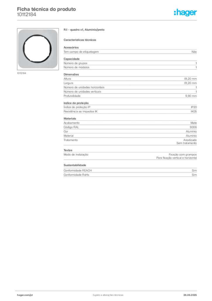 Imagem Hager Ficha técnica do produto 10112184 | Hager Portugal