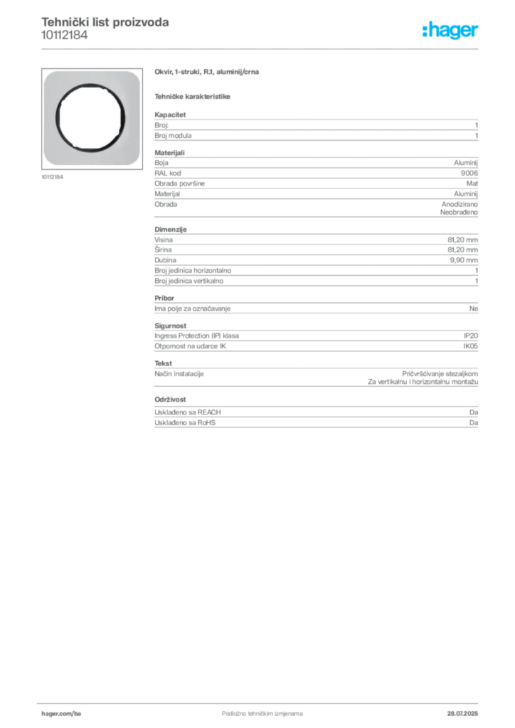 Slika Hager Product data sheet 10112184  | Hager