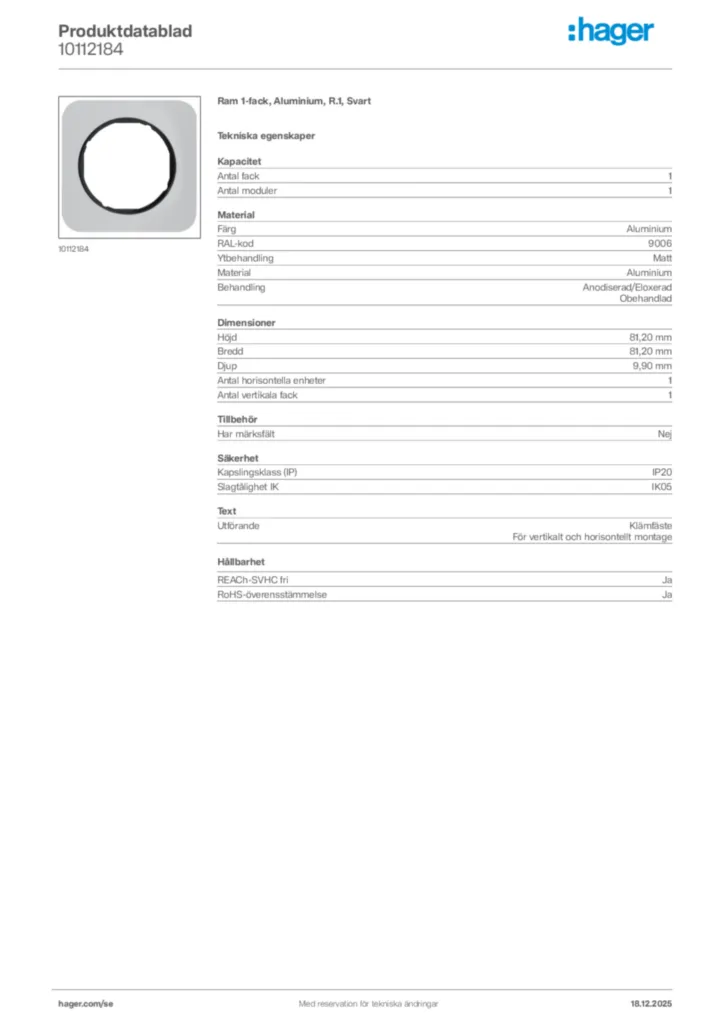 Bild Hager Produktdatablad 10112184 | Hager Sverige