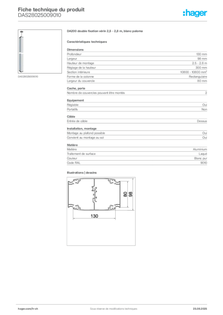 Image Hager Fiche technique du produit DAS28025009010 | Hager Suisse