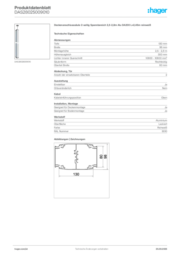 Bild Hager Produktdatenblatt DAS28025009010 | Hager Deutschland