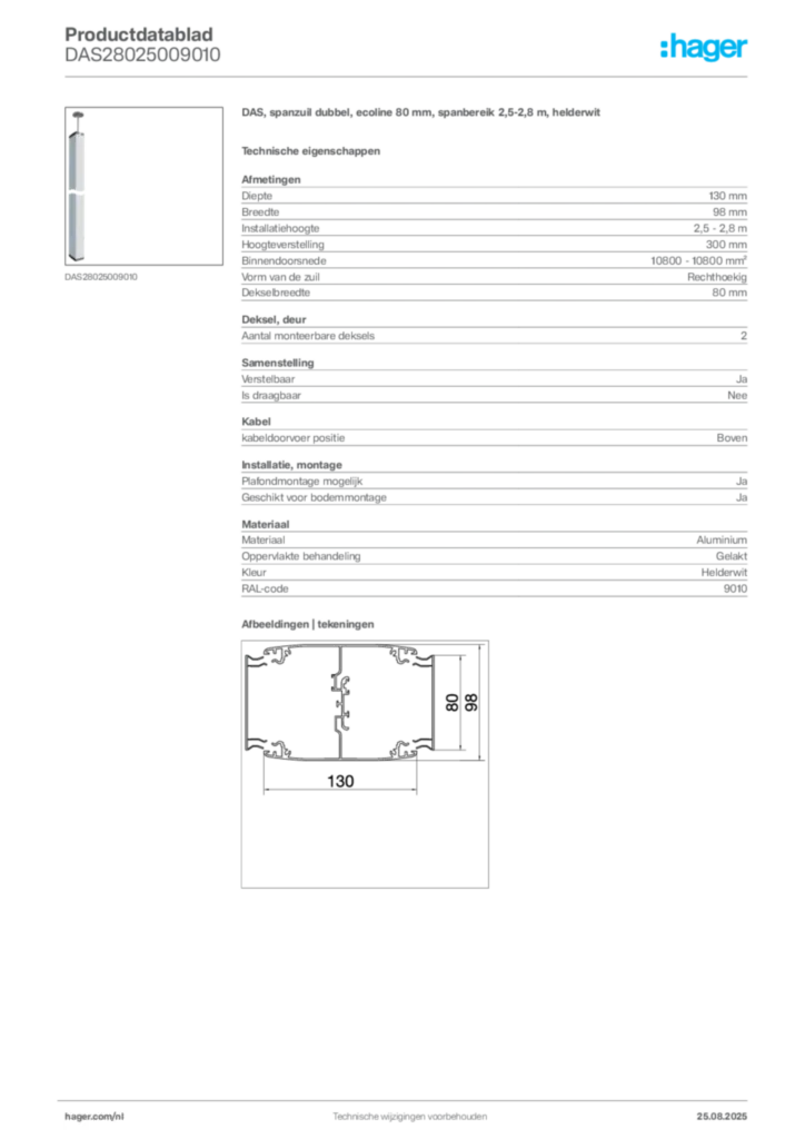 Afbeelding Hager Productdatablad DAS28025009010 | Hager Nederland