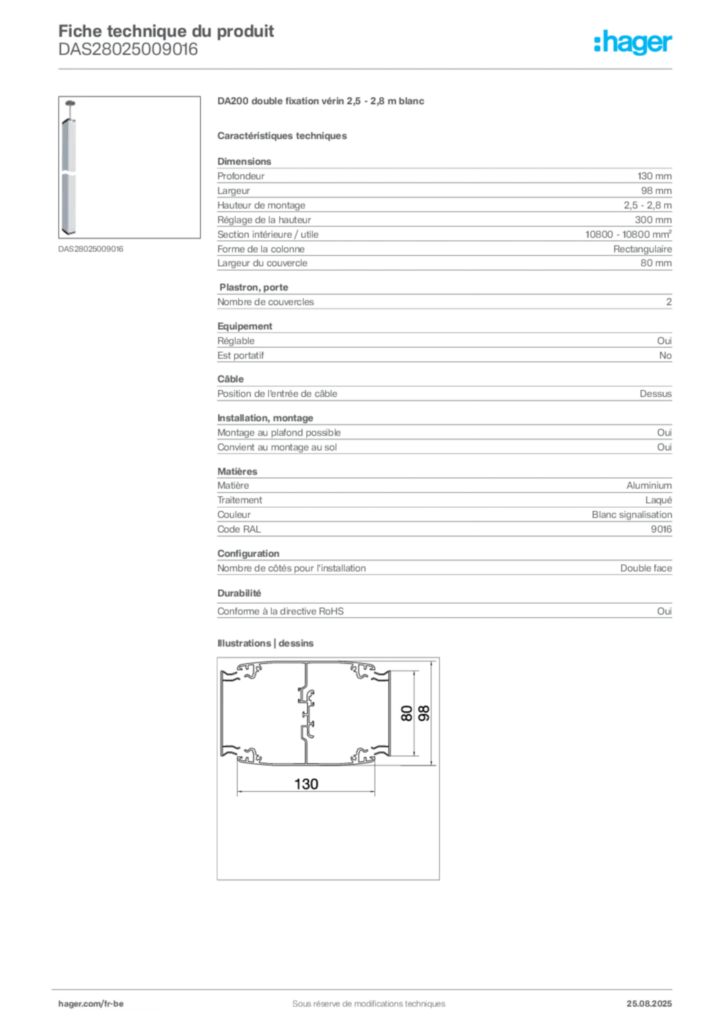 Image Hager Fiche technique du produit DAS28025009016 | Hager Belgique