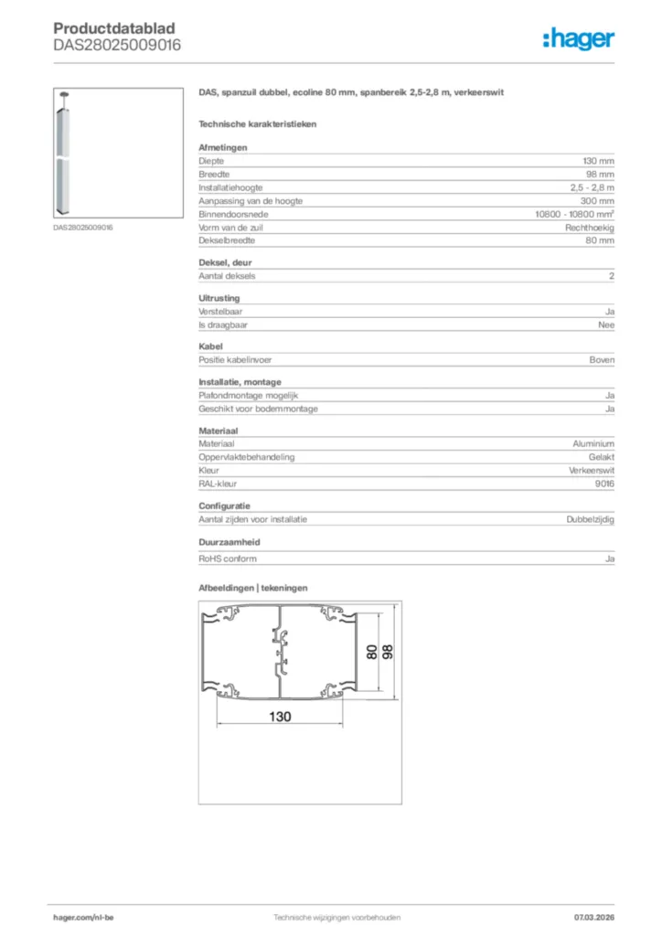 Afbeelding Hager Productdatablad DAS28025009016 | Hager Belgium