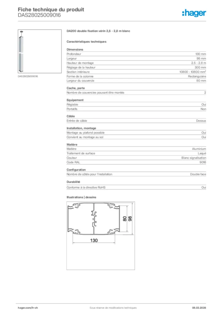Image Hager Fiche technique du produit DAS28025009016 | Hager Suisse