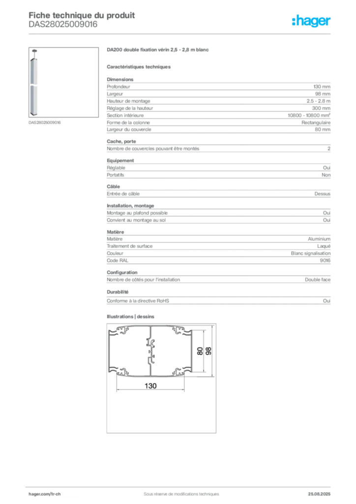 Image Hager Fiche technique du produit DAS28025009016 | Hager Suisse