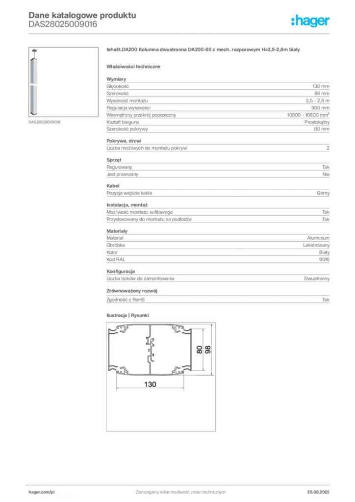 Zdjęcie Hager Karta katalogowa DAS28025009016 | Hager Polska