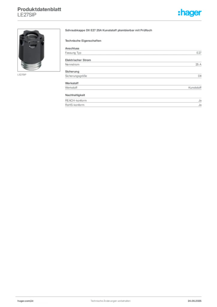 Bild Hager Produktdatenblatt LE27SIP | Hager Deutschland