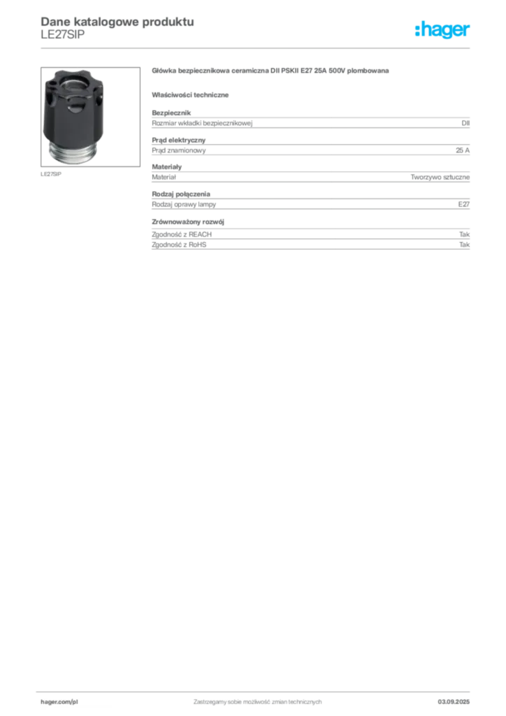 Zdjęcie Hager Karta katalogowa LE27SIP | Hager Polska