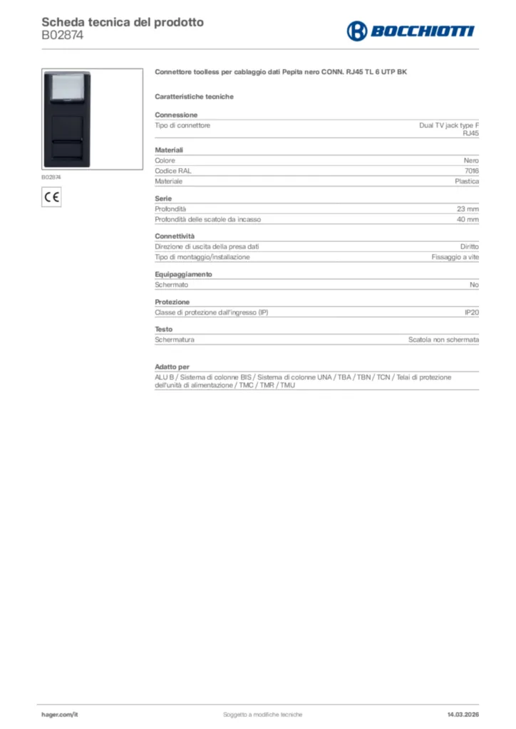 Immagine Bocchiotti Scheda tecnica del prodotto B02874 | Hager Italia