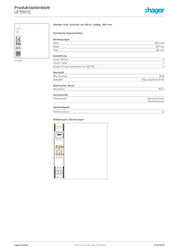 Bild Hager Produktdatenblatt UF51W12 | Hager Deutschland