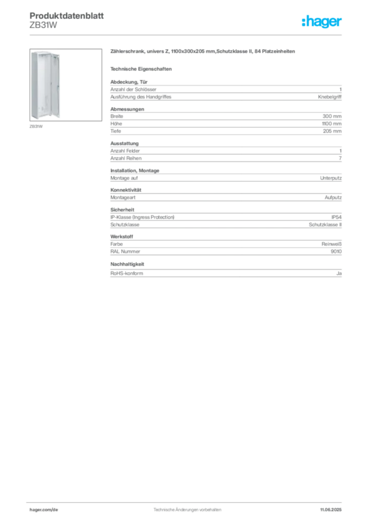 Bild Hager Produktdatenblatt ZB31W | Hager Deutschland