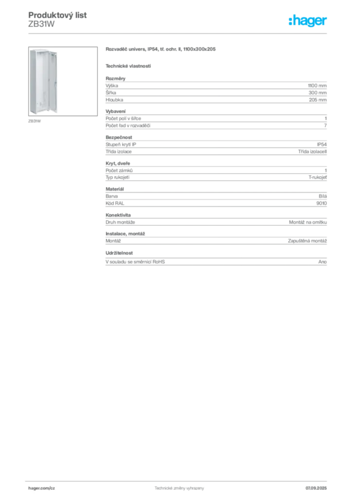 Obrázek Hager Produktový list ZB31W | Hager
