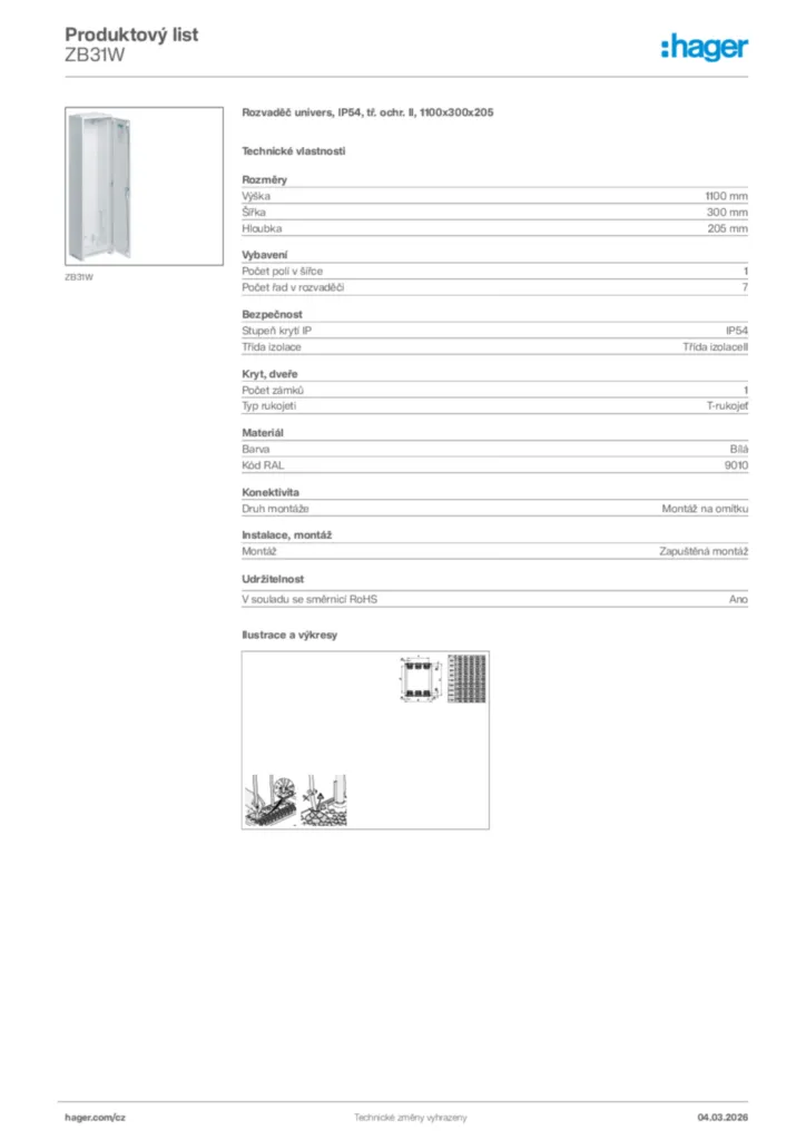 Obrázek Hager Product data sheet ZB31W | Hager