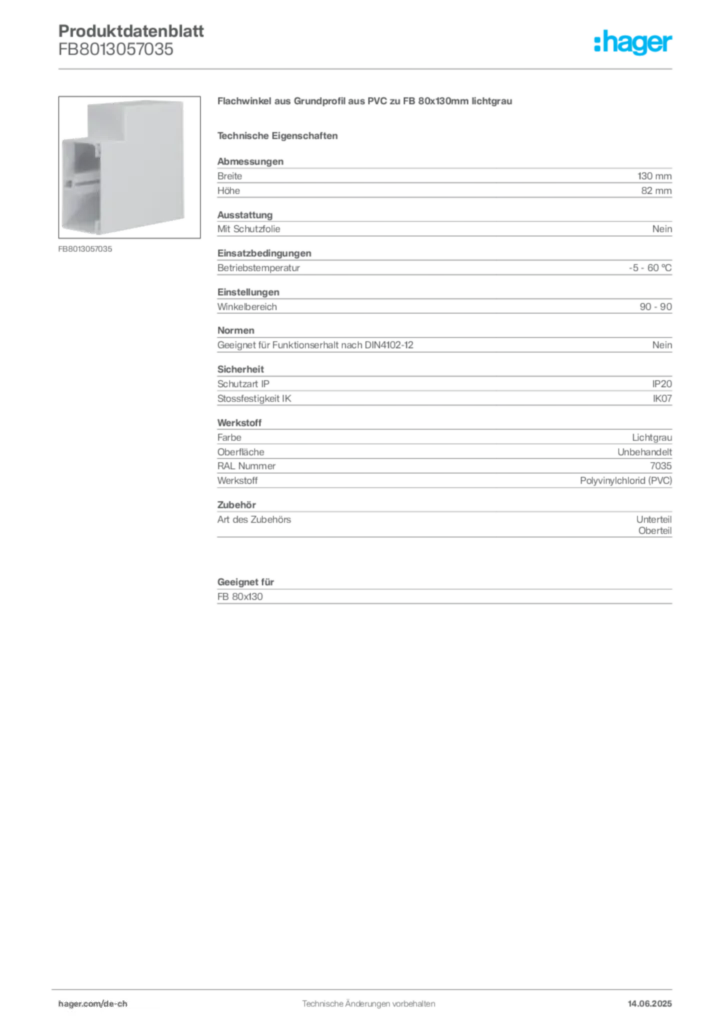 Bild Hager Produktdatenblatt FB8013057035 | Hager Schweiz
