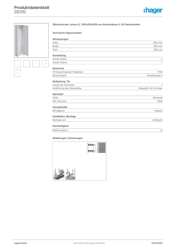 Bild Hager Produktdatenblatt ZB31S | Hager Deutschland