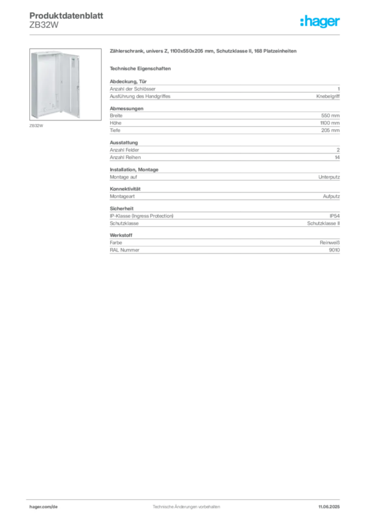 Hager Produktdatenblatt ZB32W