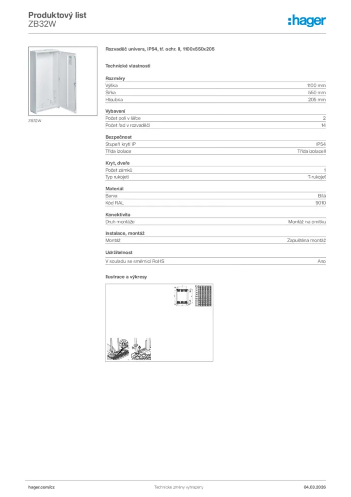 Obrázek Hager Product data sheet ZB32W | Hager