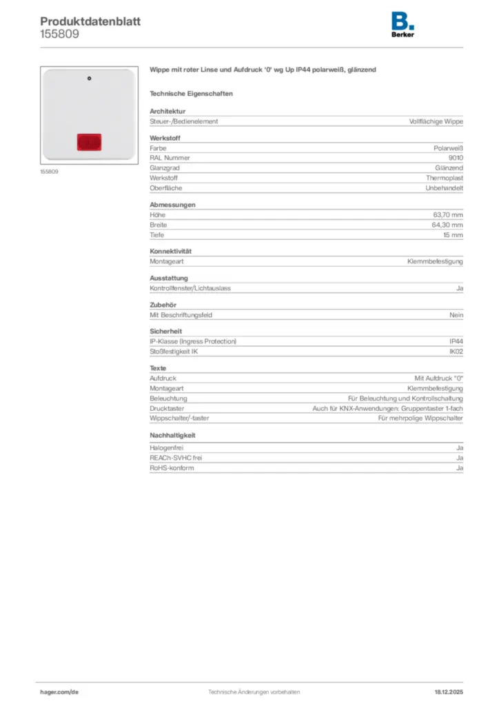 Bild Berker Produktdatenblatt 155809 | Hager Deutschland