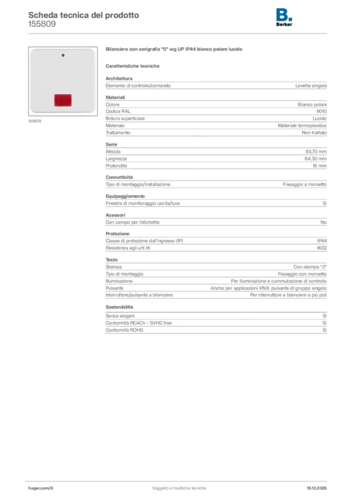 Immagine Berker Scheda tecnica del prodotto 155809 | Hager Italia