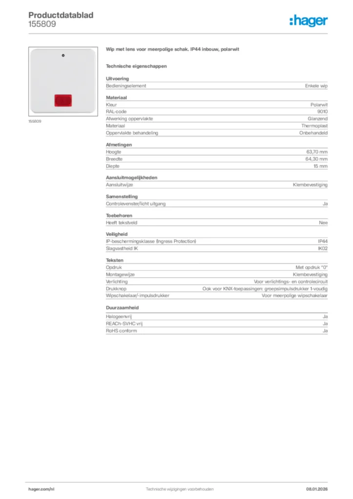 Afbeelding Hager Productdatablad 155809 | Hager Nederland