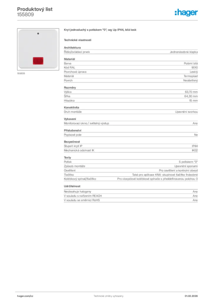 Obrázek Hager Product data sheet 155809 | Hager