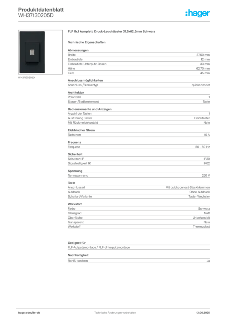 Bild Hager Produktdatenblatt WH37130205D | Hager Schweiz