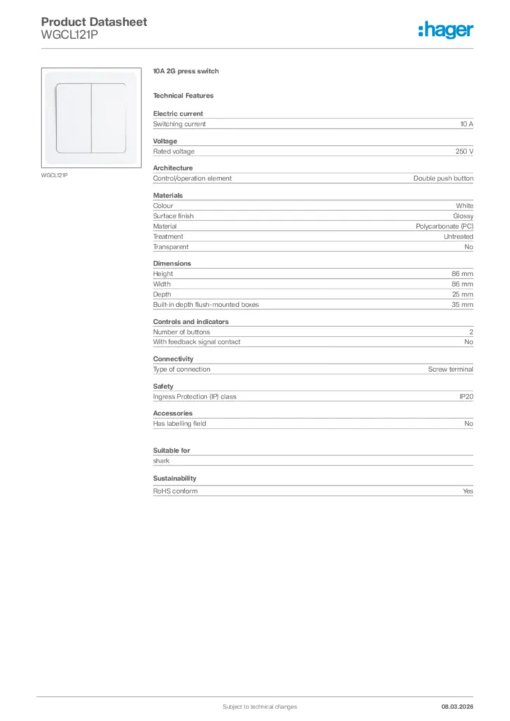 Image Hager Product data sheet WGCL121P  | Hager