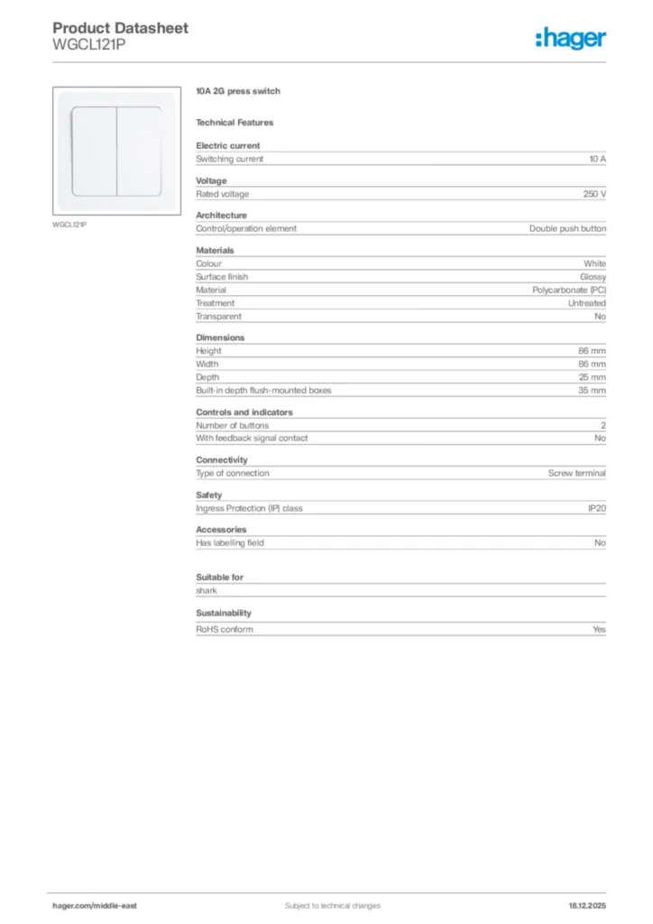 Image Hager Product data sheet WGCL121P  | Hager