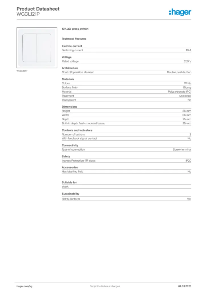 Image Hager Product data sheet WGCL121P  | Hager