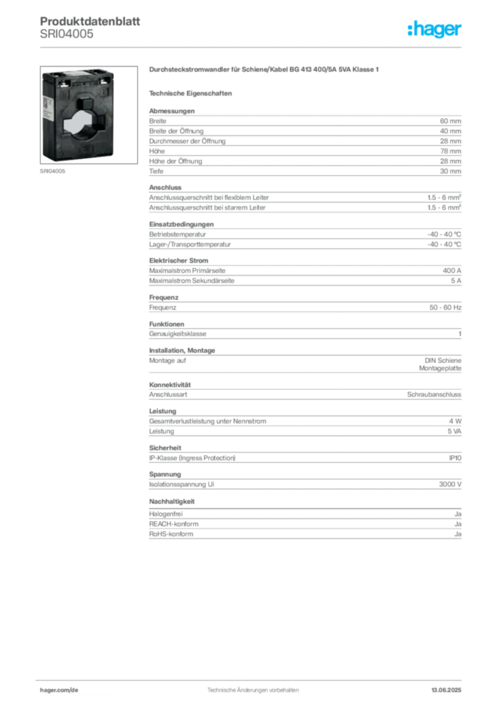 Hager Produktdatenblatt SRI04005