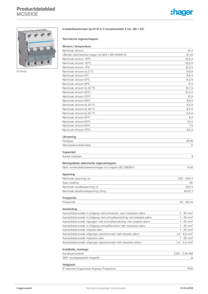 Afbeelding Hager Productdatablad MCS610E | Hager Nederland