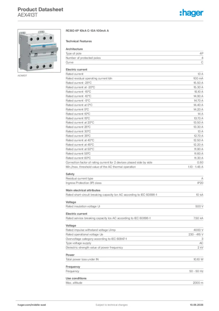 Image Hager Product data sheet AEX413T  | Hager