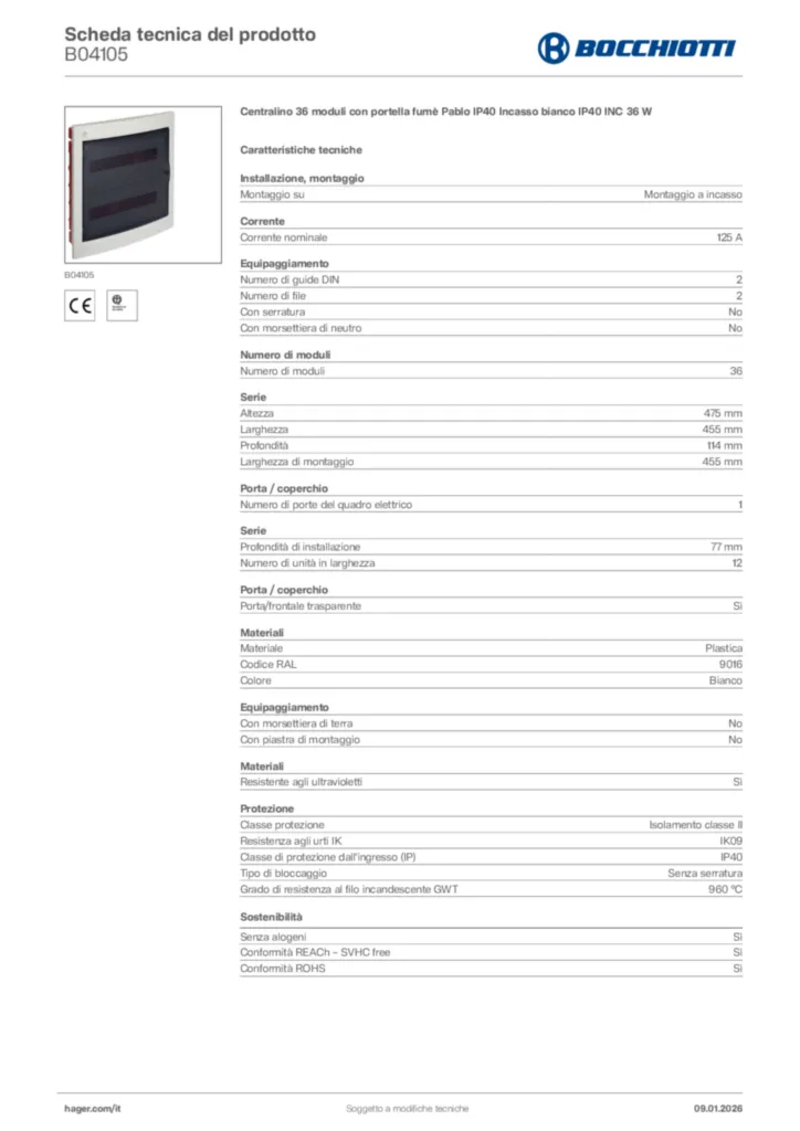 Immagine Bocchiotti Scheda tecnica del prodotto B04105 | Hager Italia