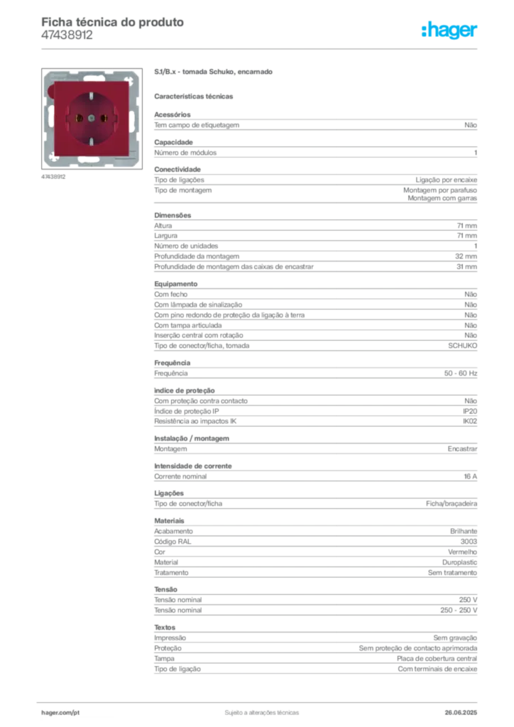 Imagem Hager Ficha técnica do produto 47438912 | Hager Portugal