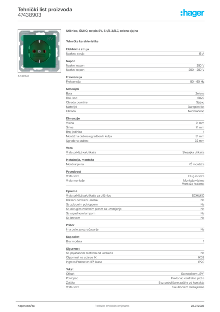 Slika Hager Product data sheet 47438903  | Hager