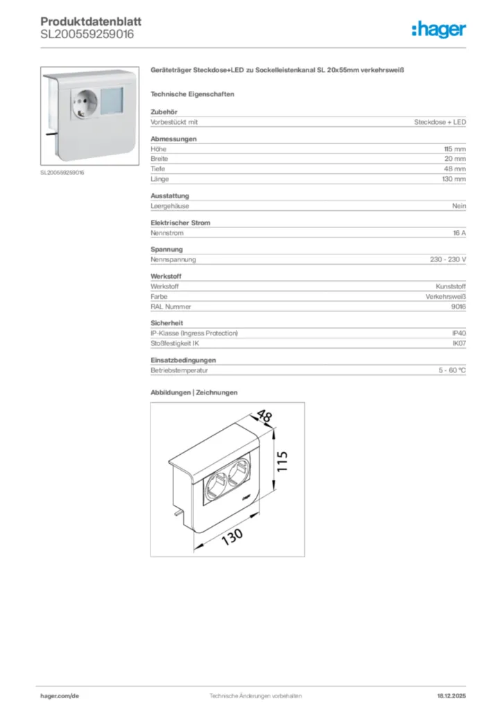 Bild Hager Produktdatenblatt SL200559259016 | Hager Deutschland