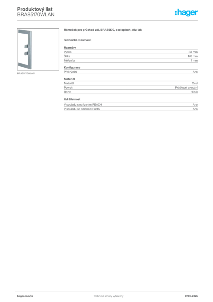 Obrázek Hager Produktový list BRA85170WLAN | Hager