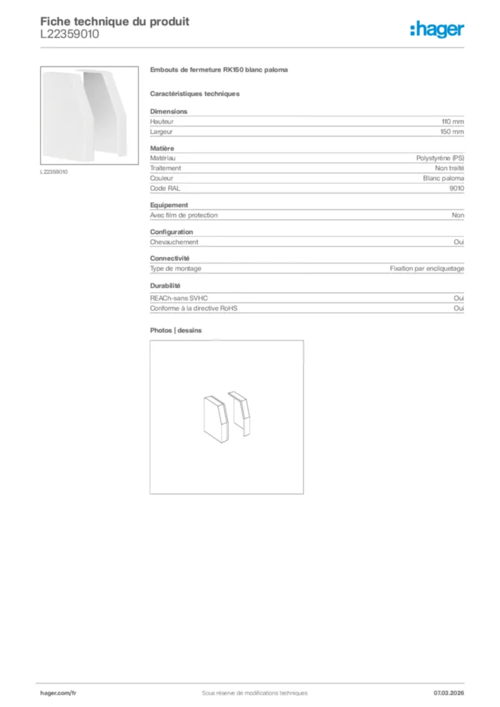 Image Hager Fiche technique du produit L22359010 | Hager France