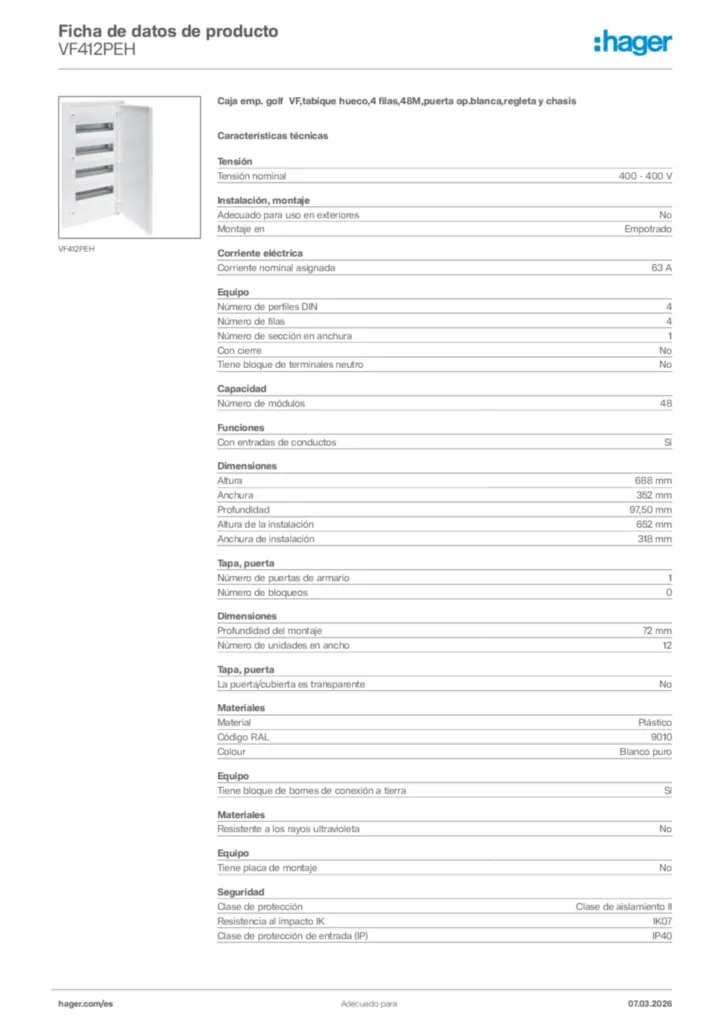 Imagen Hager Ficha de datos de producto VF412PEH | Hager España