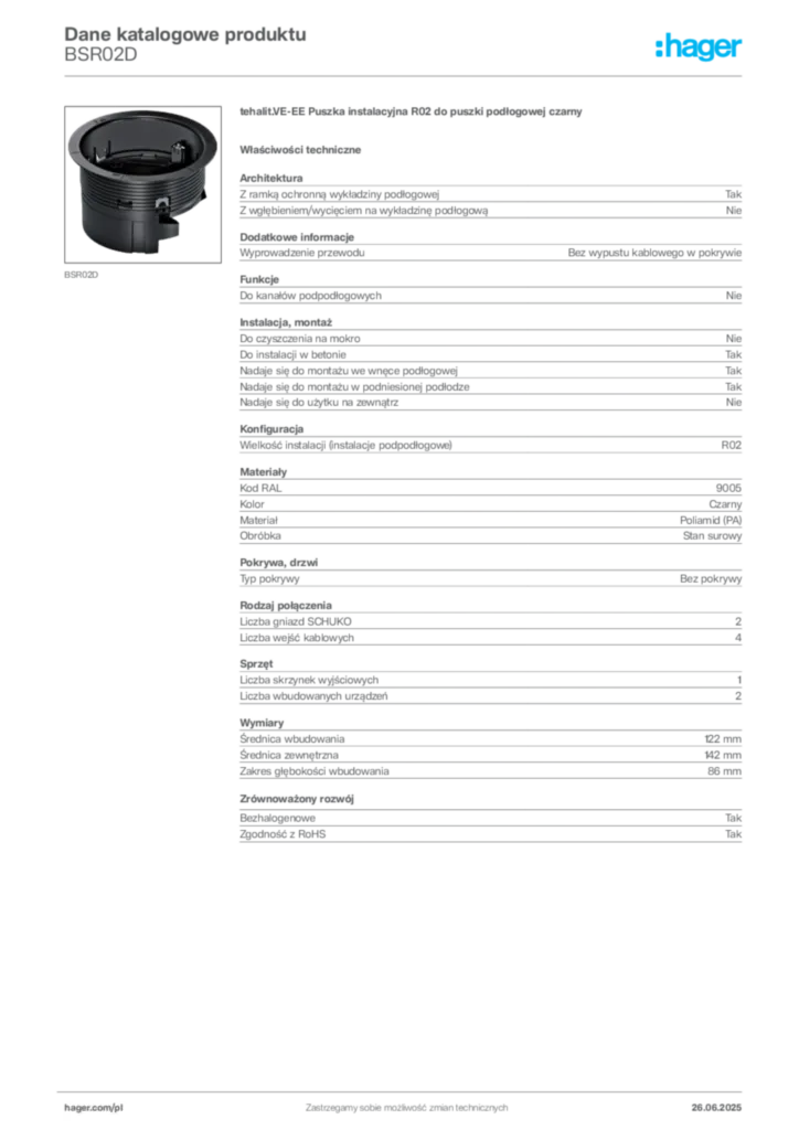 Zdjęcie Hager Karta katalogowa BSR02D | Hager Polska