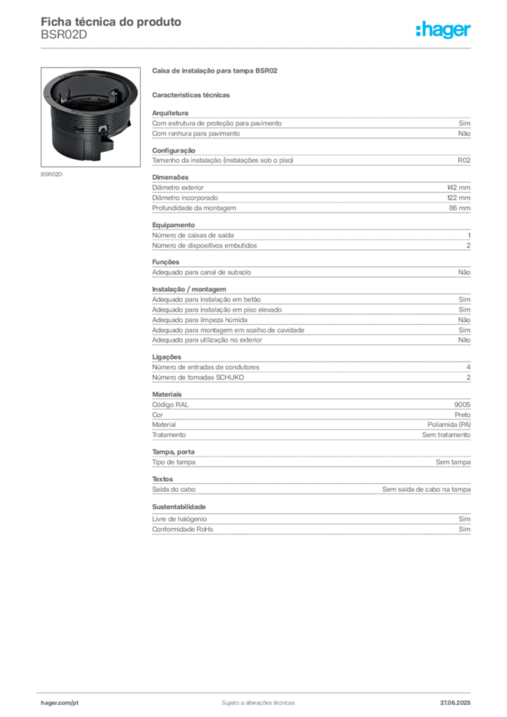 Imagem Hager Ficha técnica do produto BSR02D | Hager Portugal
