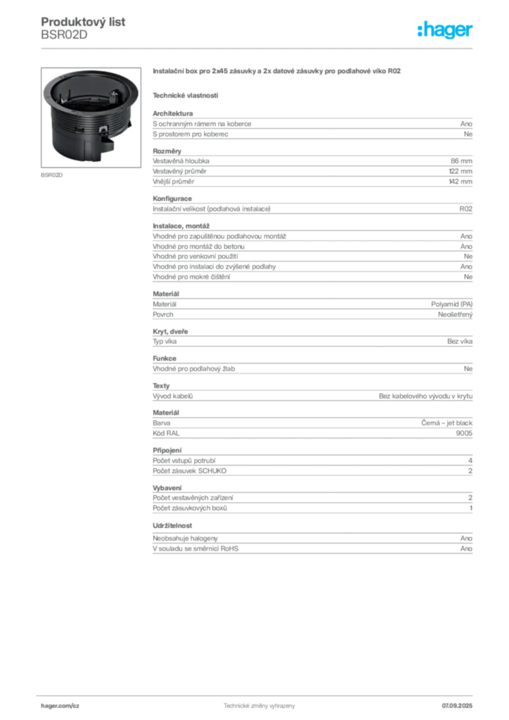 Obrázek Hager Produktový list BSR02D | Hager